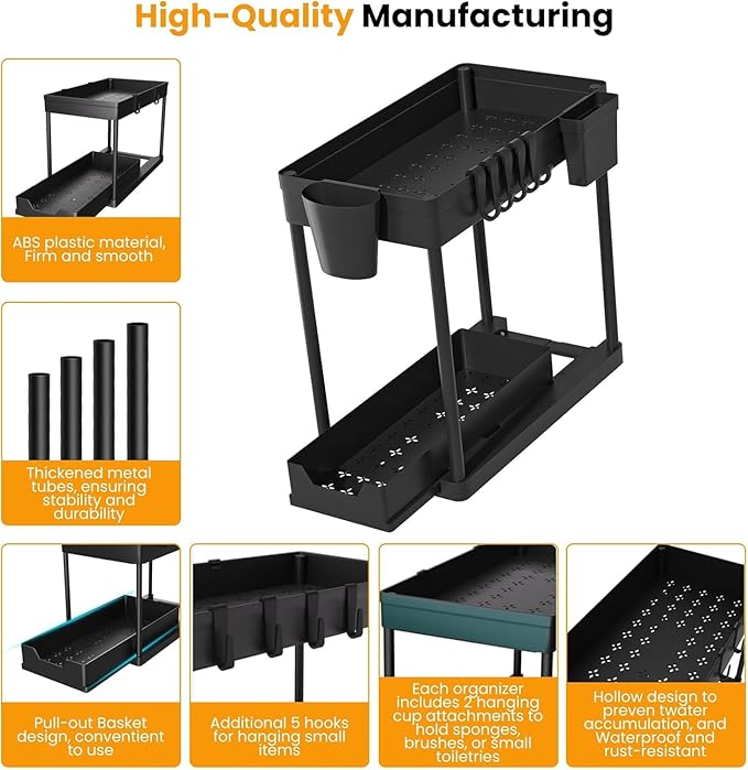 2 Pack Under Sink Organizer, 2 Tier Cabinet Organizer for Bathroom & Kitchen with Sliding Basket, Multi-Purpose Under Sink Organizers and Storage, Black