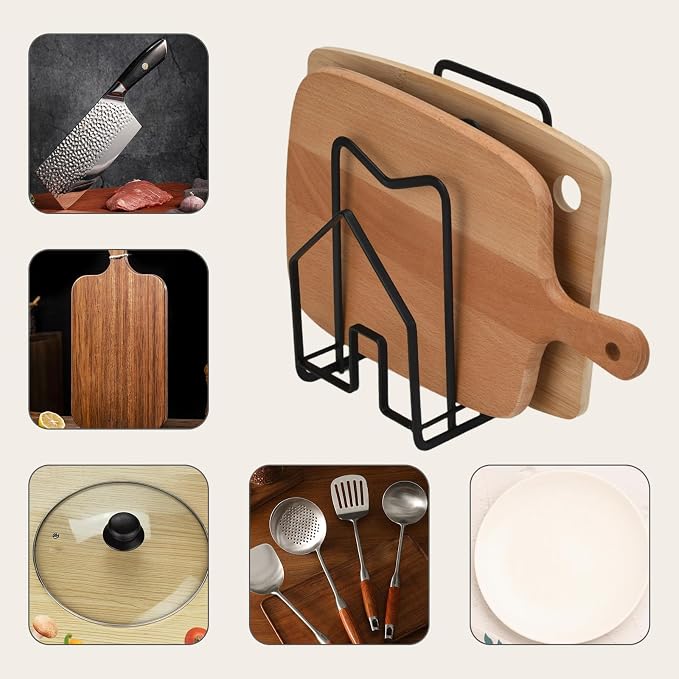 Multi-functional stainless steel kitchen cutting board rack-a compartmentalized storage rack that can accommodate 3-5 cutting boards/baking trays/trays,saving counter space (Black)