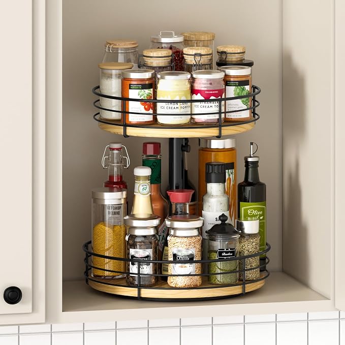 2 Tier Lazy Susan Spice Rack Organizer, Rotating Turntable, Black | Height Adjustable, Wood, 12 Inch, For Cabinet Dining Table Kitchen Bathroom Countertop