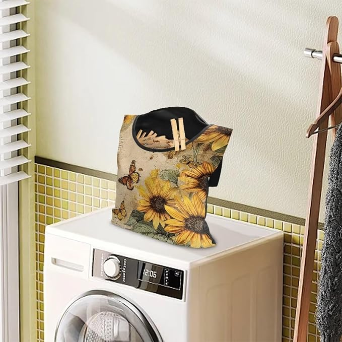 Butterfly Sunflower Clothespin Bag Fashion Hanging Storage Organizer Clothes Pin Bag Waterproof Laundry Clothespin Bag Clothespin Holder for Clothesline Outdoor