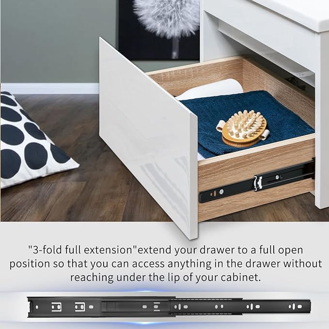 YENUO 10 Pairs 3-Fold Full Extension Drawer Slides Ball Bearing 10–24 Inch | Cabinet Drawer Glides Heavy Duty 100LB Smooth Quiet Rails Easy to Install 10–24 Inch for Kitchen Dresser Furniture Hardware