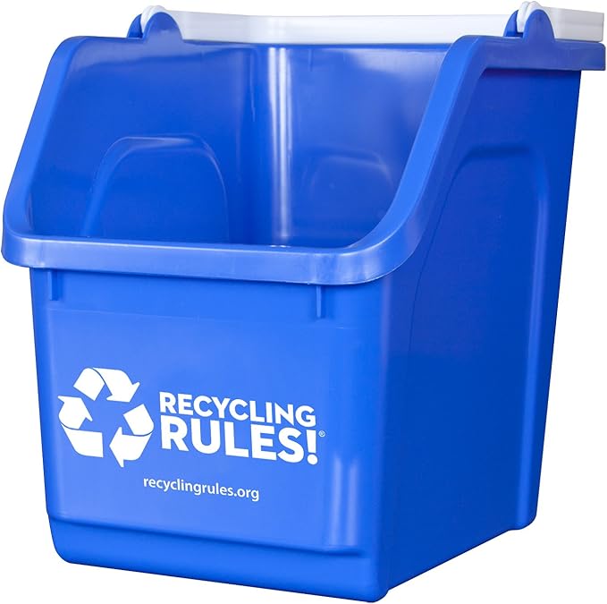 Recycling Rules! 6 Gallon Stackable Recycling Bin Container in Blue, Eco-Friendly BPA-Free Handy Recycler with Handle, 3-Pack
