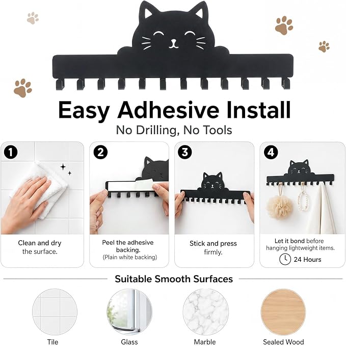 Hicarer 2 Pack Black Cat Necklace Organizer Wall Mount Holder with 24 Hooks Adhesive Metal Jewelry Hanger Cat Lover Gifts for Women Halloween Christmas Home Decor for Earrings Bracelets Rings Keys
