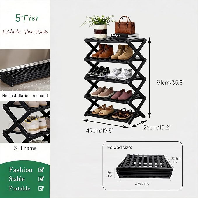 5 Tier Bamboo Shoe Rack Black,Portable Folding Shoe Storage Rack,Without Installation Small Shoe Rack Perfect for Corridors, Drom, Bedrooms and Small Spaces