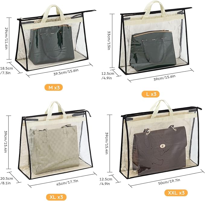 12 Packs Dust Bags for Handbags, Clear Handbag Storage, Purse Storage Organizer for Closet, Purse Cover Hanging Closet Organizer with Zipper and Handles | Purse Storage Organizer for Closet, Purse Cover Hanging Closet Organizer with Zipper and Handles