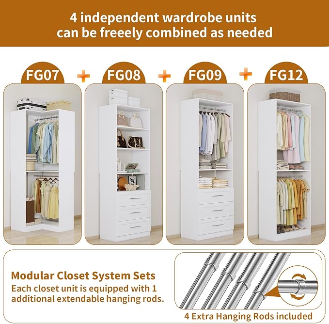 Closet System of 4 Sets with 6 Drawers, 101.9" Walk in Corner Closet System with 9 Hanging Rods & Adjustable Shelves, Custom L-Shaped Modular Closet Organizer System Wood Corner, White
