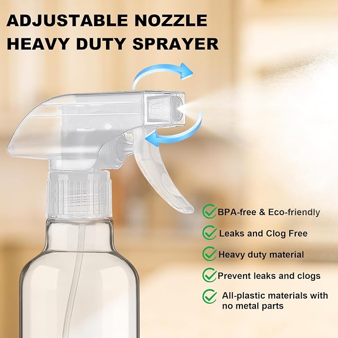 12oz Clear Glass Spray Bottle 1 Pack, Adjustable Mist Stream | Refillable glass spray containers for hair care, plant maintenance, cleaning & essential oils