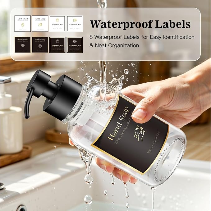 16.9 Oz Clear Glass Foaming Soap Dispenser, 2 Pack(Clear) | Refillable Hand & Dish Soap Pump, With Silicone Tray & 8 Waterproof Labels, For Bathroom & Kitchen，Perfect Housewarming Gift