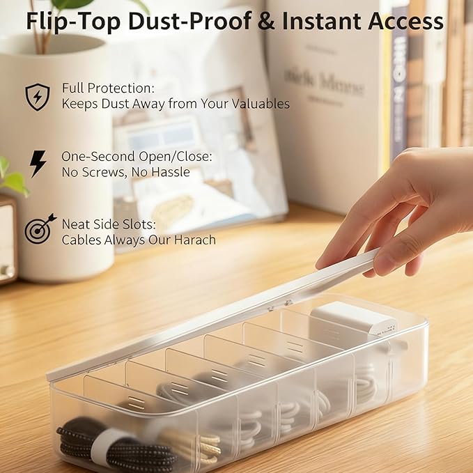 Cable Organizer Box with 7 Wire Ties, 2 Pack Desktop Cord Management Storage Case with Lid, 7 Compartments for Chargers Cables for Office Home Desk Accessories Cords (White)