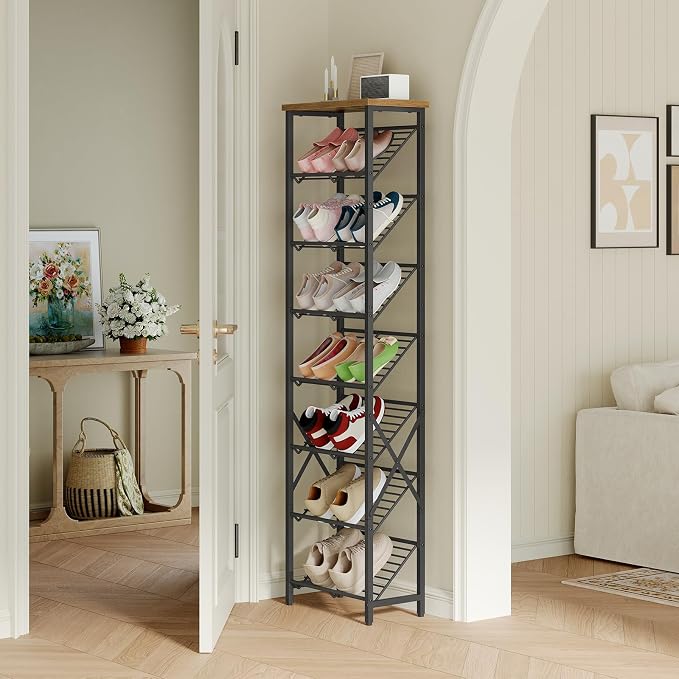 YATINEY 8-Tier Tall Shoes Rack, Slim Shoe Organizer for Entryway, Large-Capacity Thin Shoe Rack for Closet, Narrow Shoe Storage Shelf Holds 8-16 Pairs, Space Saving, Black and Rustic Brown SS18BR