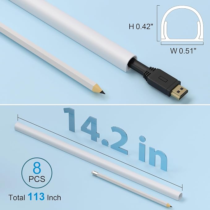 ZhiYo 113in Cord Cover for 1 Wire on Wall, 0.5" W x 0.4" H White | Upgraded Mini Raceway, Extra Capacity for Extension Cords, Half-Round Glazed Finish, Self-Adhesive, 8 Pack (14.2" Each)