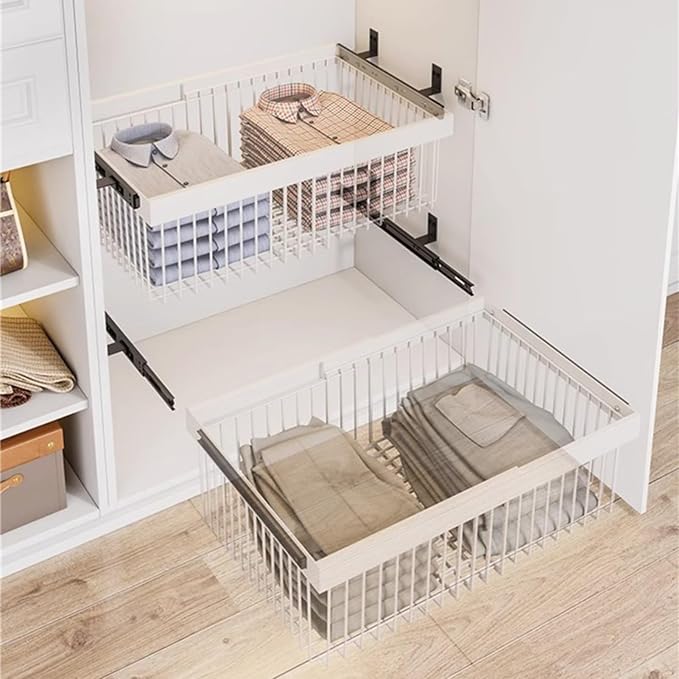 Pull Out Basket Drawer with Runners,Metal Under Shelf Storage Basket,Stackable Storage Bins,Adjustable Width 33-117cm,for Wardrobe Organization(Width 71-117cm)