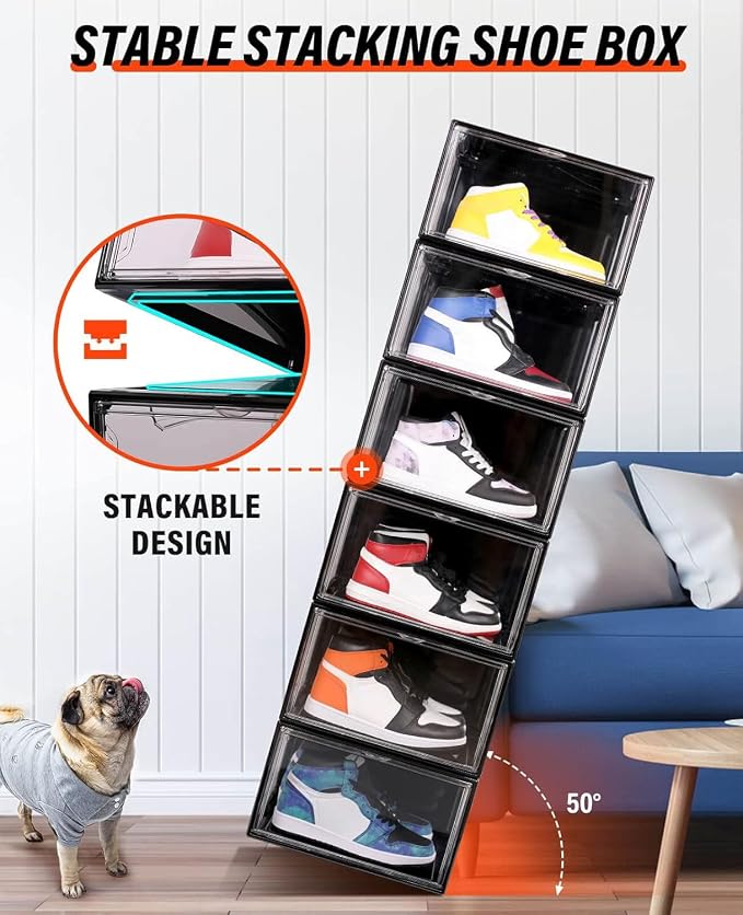 KDOR Clear Shoe Boxes Stackable, 3 Pack Shoe Storage Box with Lids Magnetic Door, Clear Sneaker Storage Acrylic Boxes for Display, Fit Shoe Size Up to US 15（Side 3 PACK BLACK）