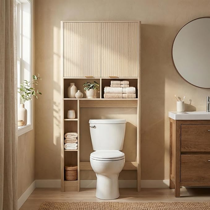 AKMAKM 31''W Over the Toilet Storage Cabinet with Fluted Door, Oak Bathroom Organizer with Adjustable Shelf, 67''H Tall Natural Toilet Paper Holder Stand Wave Door for Restroom, Laundry Room