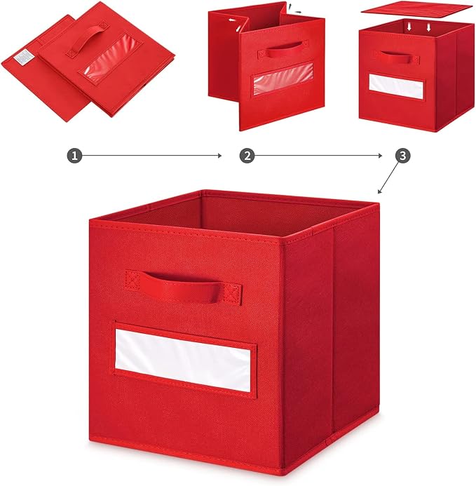 13x13x13 storage cube bins(Set of 8) Fabric storage cubes with 8 Labels Window Cards & a Pen, storage cubes 13x13, Collapsible 13 inch cube storage bins, Cubby Organizer Boxes, Red