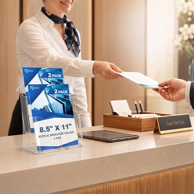 2 Pack Acrylic Brochure Holder 8.5 x 11, 2 Tier Brochure Display Stand with Removable Divider for 4 x 9 inches Trifold Pamphlets, acrylic flyer holder 8.5 x 11 Stands for Flyer, Pamphlet, Magazine