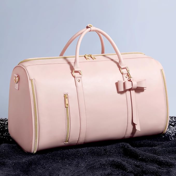 Garment Bags for Travel, Convertible Suit Travel Bag for Women, Fashion & Cute Carry On Garment Bag w/Shoes Pouch, 2 in 1 Foldable PU Leather Hanging Duffle Bag, Single-Zipper Design, Pink
