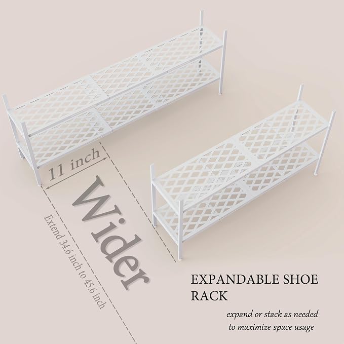 Shoe Rack, Expandable Shoes Organizer Metal Shelf Stand, 2 Tier Stackable Long Shoe Storage Holder For Closet, Floor, Entryway, Garage, Bedroom, Door Entrance For 12-18 Pairs, 45.6 inches White