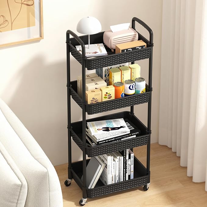 MOYIPIN 4-Tier Plastic Rolling Utility Cart with Handle, Utility Storage Cart for Office, Living Room, Kitchen, Movable Storage Organizer Shelves, Black