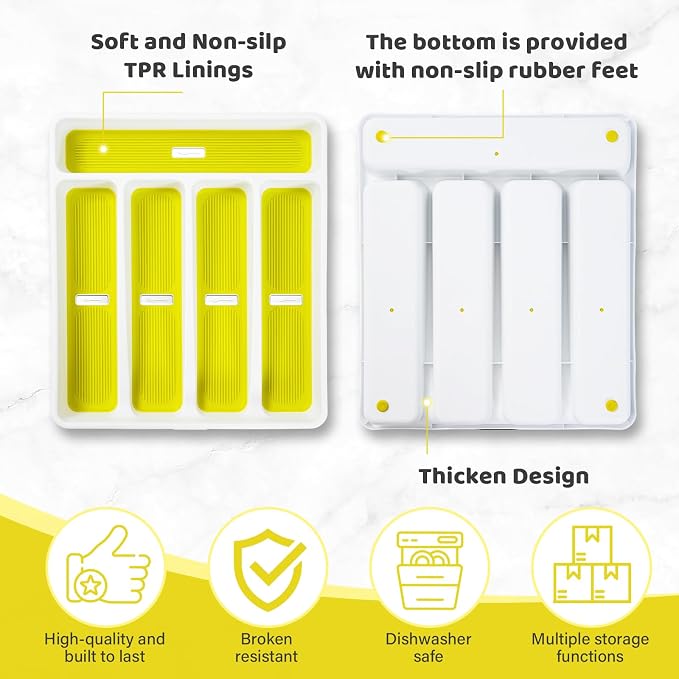 shopwithgreen Silverware Organizer with Cutlery Icons，Silverware Tray for Kitchen Drawer，Plastic Flatware Drawer Organizer Utensil Organizer with Non-slip TPR Linings，5-Compartment Silverware Caddy