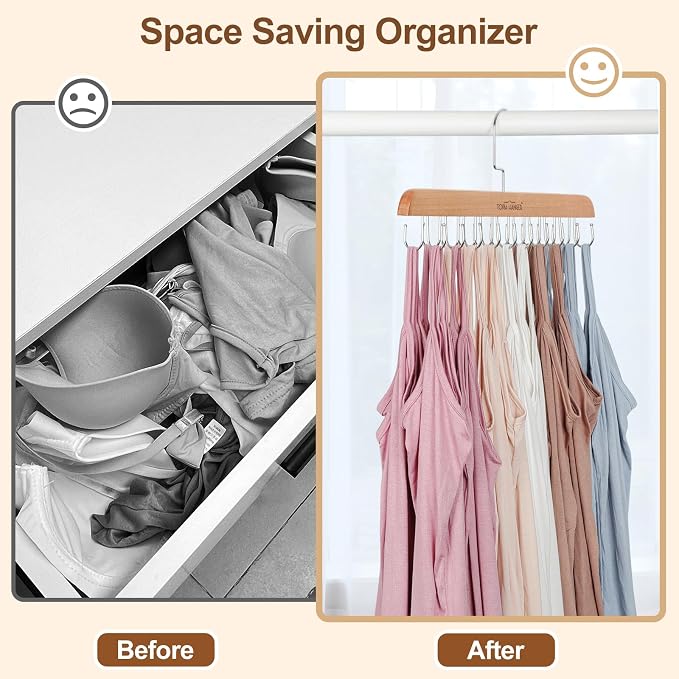 TOPIA HANGER 2 Pack Bra Hanger for Closet, Premium Wooden Tank Top Hangers | 40 Foldable Hooks, 360°Rotating Hooks, Easy to Install, Durable Solid Wood, Space Saving Storage for Tank Tops, Bras, Belts