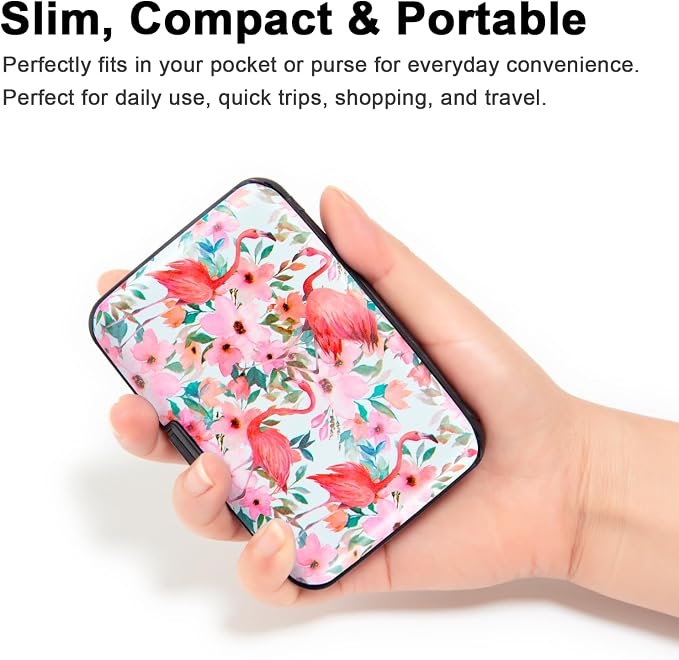 Credit Card Holder, Metal Card Wallet RFID Blocking Mini Slim Aluminum Business Hard Card Case for Women Men (Watercolor Floral Flamingo)