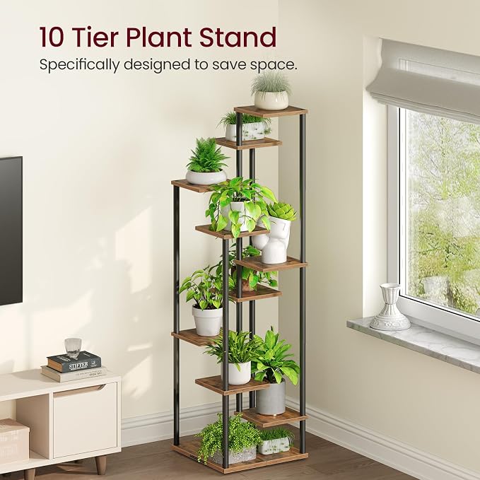 Yzosvki 10 Tier Plant Stand Indoor, Tiered Corner Plant Shelf Flower Stand for Living Room, Balcony, Patio, Garden, Rustic Brown