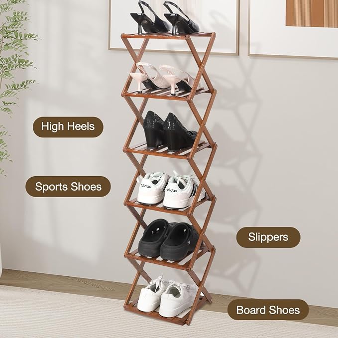 Bamboo Shoe Rack 6 Tier Foldable Shoe Rack for Entryway | Narrow Vertical Shoe Organizer Free Standing Shelf, Multifunctional Slim Storage for Bedrooms Living Room Corner