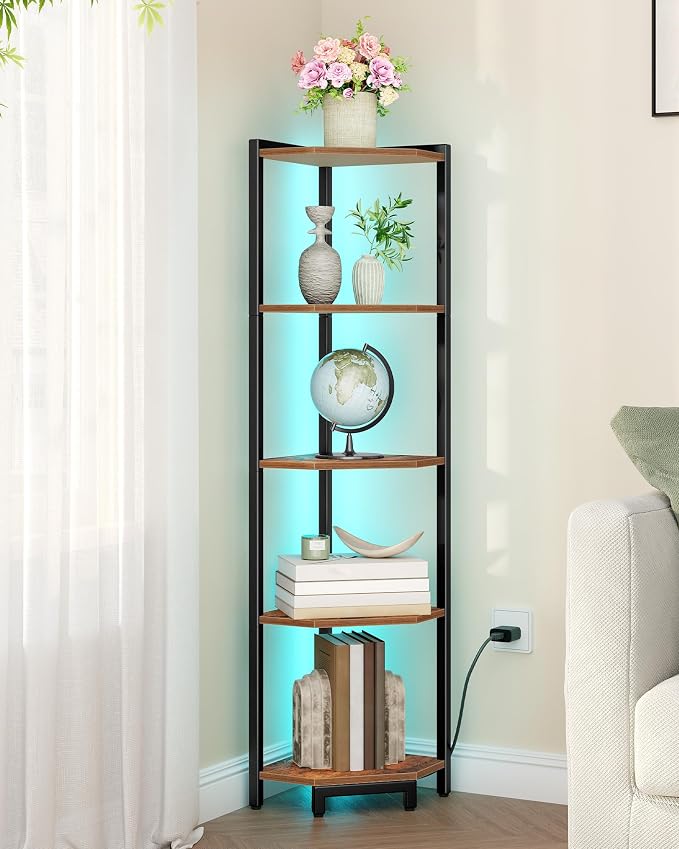 Hzuaneri Corner Shelf with LED Light 6 Tier Corner Bookshelf Standing Shelf | Tall Narrow Display Bookcase with Metal Frame for Small Space, Living Room, Home Office, Bedroom, Rustic Brown CS66501B