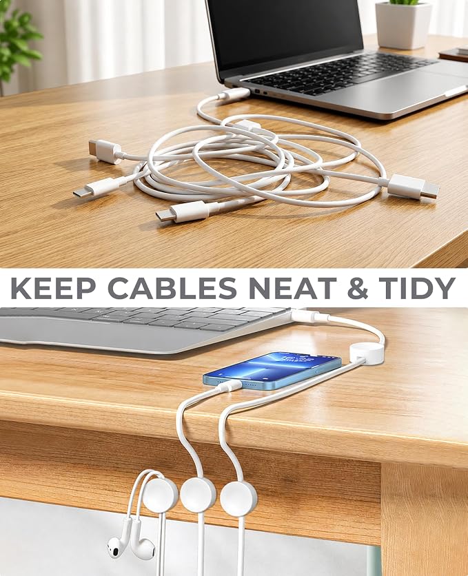 Maveek 5 Sets Magnetic Cable Management Clips with Discs, Adhesive Cable Holder Electrical Wire Clips Cord Organizer for Desktop Wall Kitchen USB LAN Type-c (White)