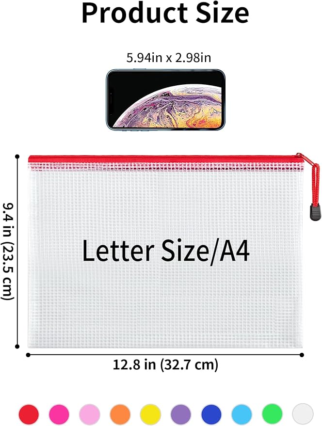 JARLINK 20 Pack 10 Colors Zipper Mesh Document Pouch, Letter Size/A4 Size, Plastic Water-Resistant File Bags, for School Office Supplies Cosmetics Travel Storage, Assorted Color