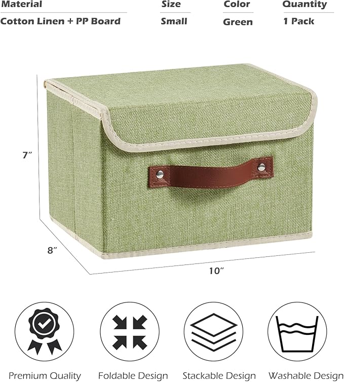 Storage Boxes with Lid Cotton Linen Fabric Storage Bins Organizer Container Decorative Collapsible Washable Shelf Baskets Faux Leather Handles for Home Bedroom Closet (Green, Small Size)