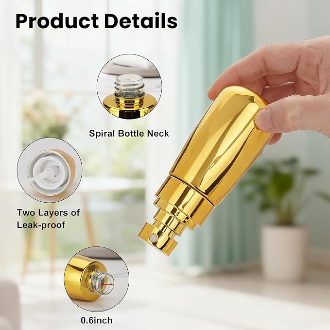 Travel Spray Bottle 2oz/60ml 2 Pack TSA Approved | Gold, Fine Mist Spray Bottles, Leak Proof, Small Sprayer Bottle, Refillable Travel Bottles for Hair, Perfumes, Skincare Water