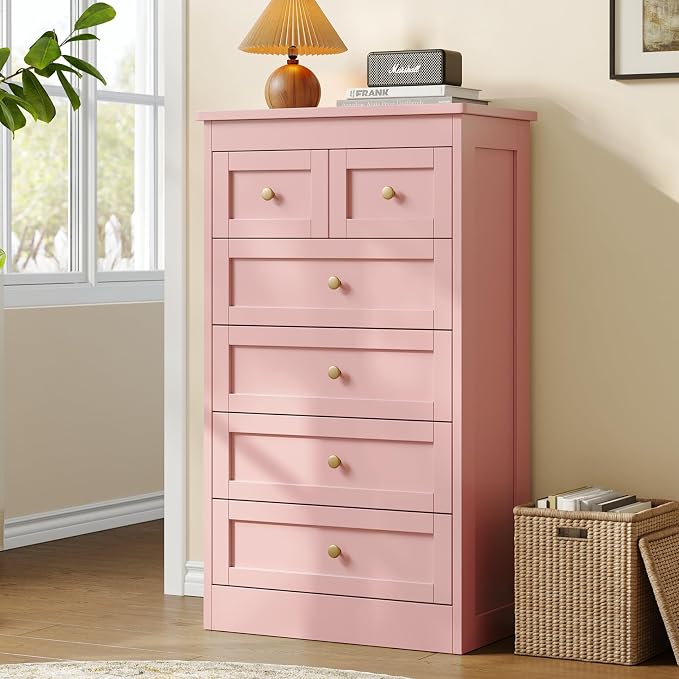 wanan Tall 6 Drawer Dresser for Bedroom, Pink Modern 43.3'' Tall Wood Chest of Drawers, Storage Organizer with Smooth Metal Rails & Anti-Tip Kit for Closet, Hallway, Living Room