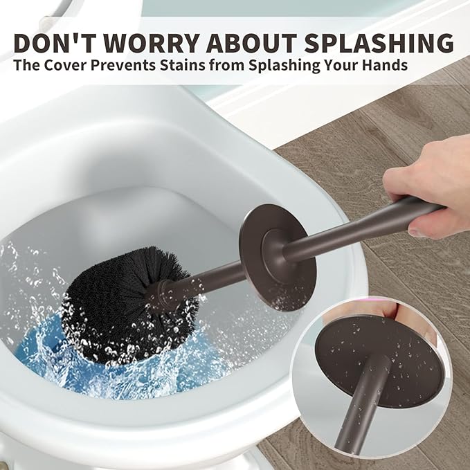Toilet Brush and Holder 2 Pack, Toilet Bowl Brush with Extra Long Handle, Toilet Scrubber and Covered Holder, Toilet Brushes for Bathroom-Space Saving, Covered Brush, Durable, Deep Cleaning(Bronze)