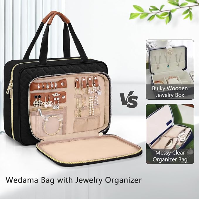 Wedama Toiletry Bag for Women, Hanging Travel Toiletry Bag with Jewelry Organizer Compartment Large Makeup Bag, PVC Waterproof Cosmetic Travel Bag for Travel Business Trips Camping Bathroom, Black
