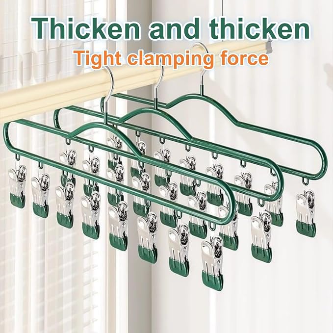 ANIS・KEBBR 16 Clips Windproof Pants Hanger Green Space Saver Closet Organizer for Leggings Scarves Underwear