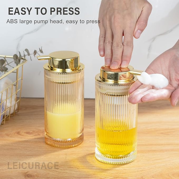 Glass Liquid Soap Dispenser, Refillable Liquid Dispenser with Gold Pump, Hand Soap Dispenser for Bathroom Kitchen, Modern Home Bathroom Kitchen Decor （Liquid Type/Clear）