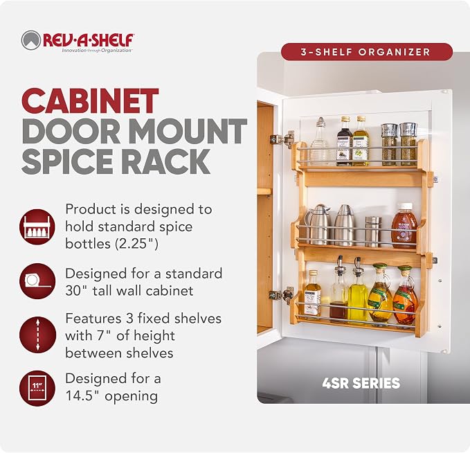 Rev-A-Shelf 18" 3 Tiered Pull Out Shelf Organizer for Kitchen Cabinets, Pantry Storage Spice Seasoning Rack, Door/Wall Mounted, Maple Wood, 4SR-18