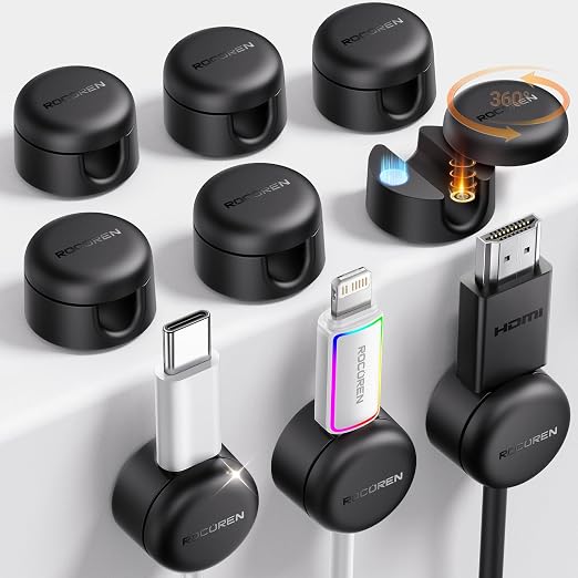 9-Pack Cable Clips [Upgraded],Rocoren Magnetic 360° Rotatable Cord Holder, Adhesive Cable Management Organizer,Wire Keeper for Nightstand Desk Car Phone Wall Home Office Accessories