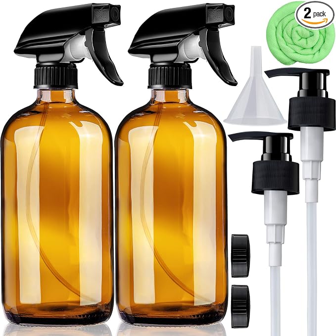 Amber Glass Spray Bottles 16 oz Pump Bottle (2 Pack) Refillable Cosmetic Containers Brown Mist & Stream Mister for Essential Oil Products Shampoo Soap Cleaning Bottles Or Aromatherapy Sprayer Plant