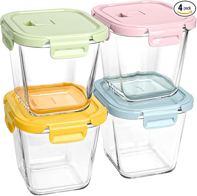 Borosilicate Glass Soup Containers with Lids, 4 Cup/32 oz, 4 Pack | Microwave Dishwasher Oven Freezer Safe | Airtight Leak Proof | Food Grade | Square Soup Meal Prep | Lunch | Food Storage Set