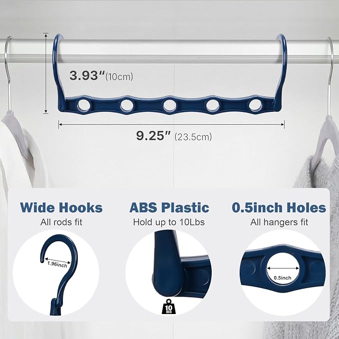 HOUSE DAY Space Saving Hangers 10 Pack, Closet Organizers and Storage | Sturdy Cascading Hangers with 5 Holes for Heavy Clothes, Multi Hangers in One, College Dorm Room Essentials - Misty Blue