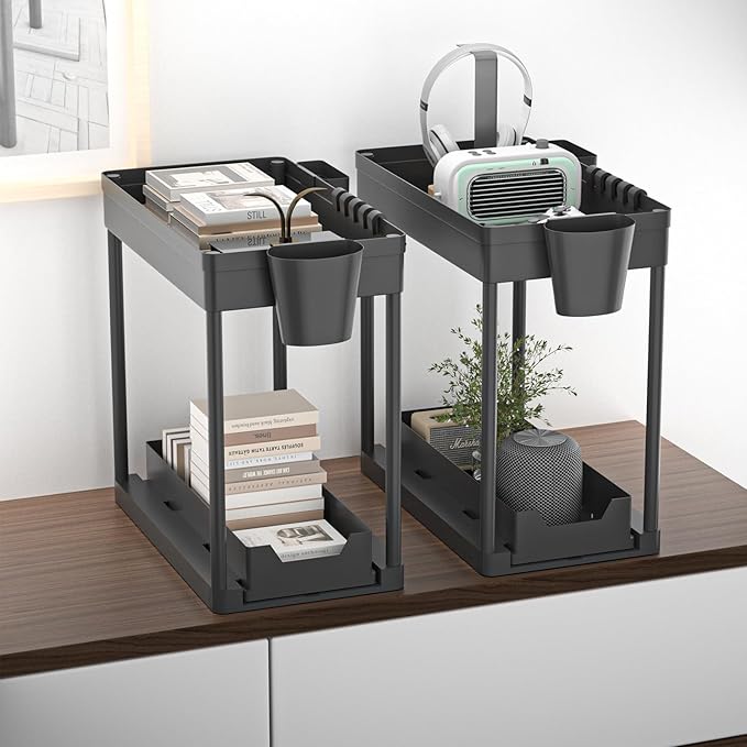 2 Pack Under Sink Organizer, 2 Tier Cabinet Organizer for Bathroom & Kitchen with Sliding Basket, Multi-Purpose Under Sink Organizers and Storage, Black
