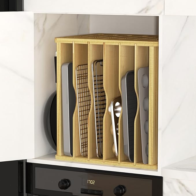 7 Tier Wooden Tray Dividers for Cabinets, Kitchen Cookie Sheet Organizer for Cabinet, Vertical pans, Baking trays, Cutting Board