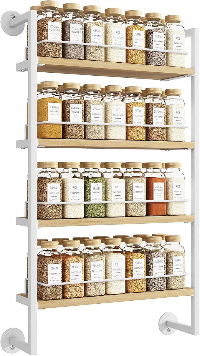 IBUYKE 4 Tier Spice Rack Wall Mount for Kitchen,Natural TLJ016R | Hanging Seasoning Organizer,Large Spice Rack for Wall Spice Organization for Kitchen Cabinet Bathroom Pantry Living Room