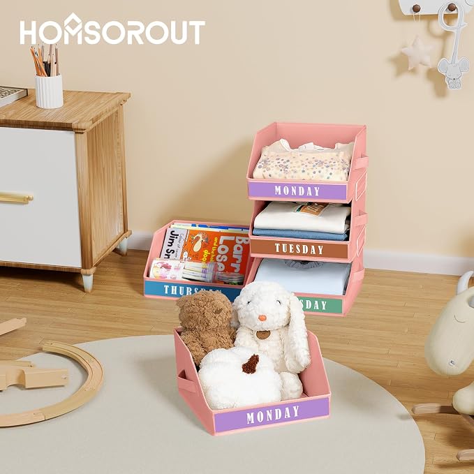 Homsorout Closet Organizers and Storage - 5 Tier Shelf Organizer with Weekly Labels, Stackable Storage Bins with Metal Frame, Foldable Cube Bins, Home Baskets for Kids and Adults, Pink