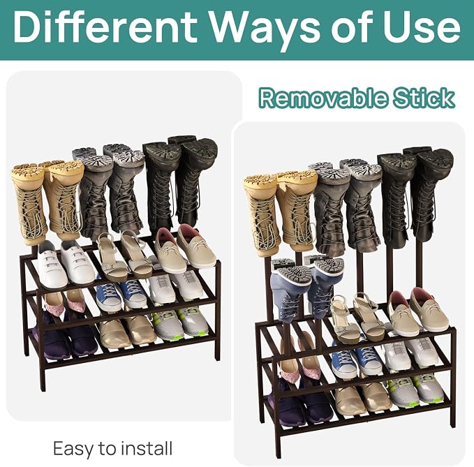viewcare Boot Rack, Brown Boot Rack Organizer Tall Boots with Shoe Rack for Closet, Bamboo Wood Shoe Shelf Storage Organizer for Entryway Space