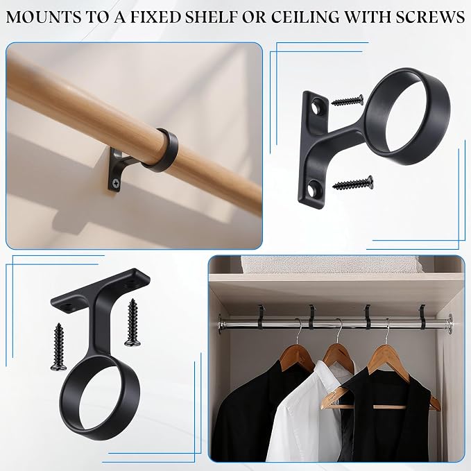 LEIFIDE 4 Pcs 1 5/16 Inch Diameter Round Wardrobe Closet Rod Suspended Center Support with Installation Screws Curtain Closet Rod Ceiling Mount Bracket for Home Wardrobe (Black)