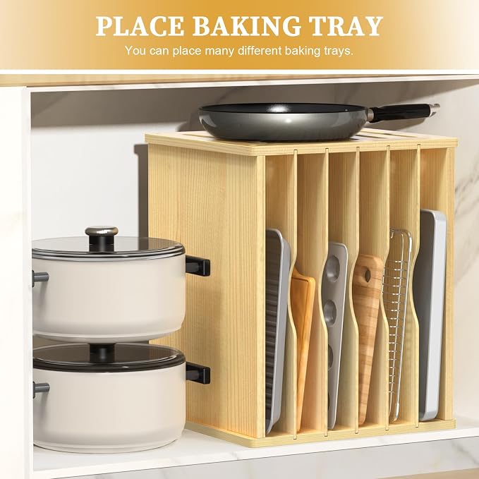 7 Tier Large Size Wooden Tray Dividers for Cabinets, Cookie Baking Sheet Organizer for Cabinet, Vertical Tray Dividers for Storing pans, Baking trays, Cutting Board